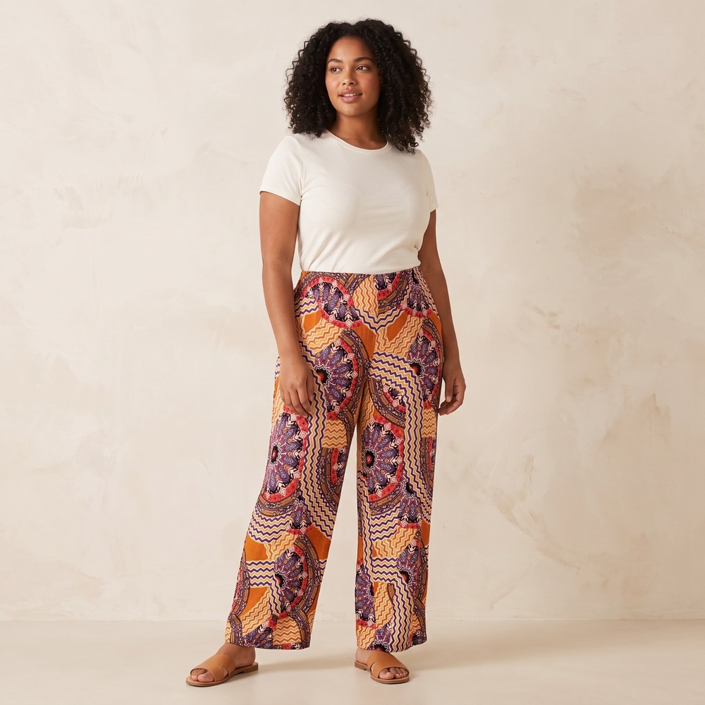 Ashley Stewart 24 Boho Patchwork Mandala Wide Leg Palazzo Pants Festival Retro